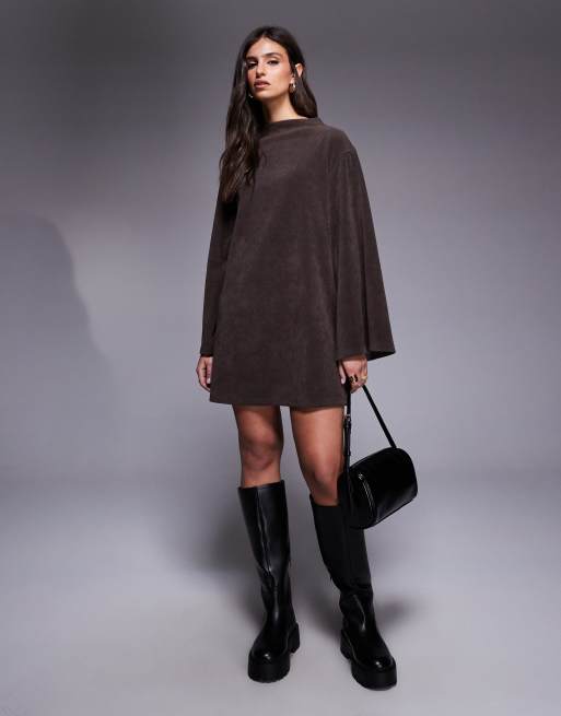ASOS DESIGN corduroy wide sleeve mini swing dress in chocolate, 3 of 4