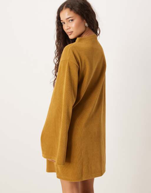 ASOS DESIGN corduroy wide sleeve mini swing dress in mustard, 2 of 4