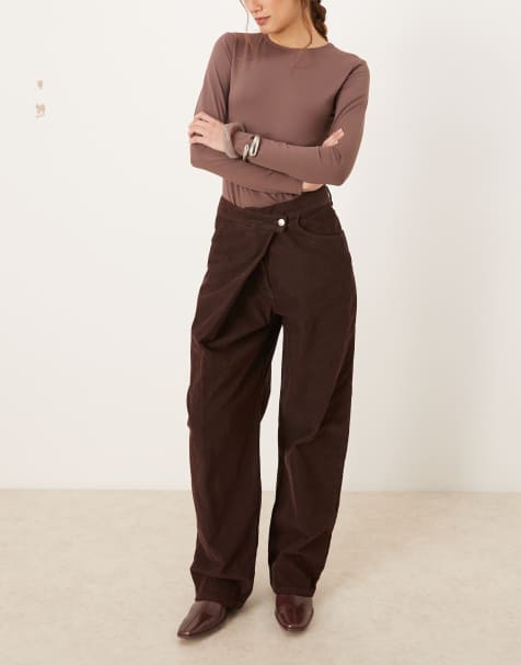 ASOS DESIGN corduroy wrap over wide leg jean in chocolate brown