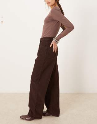 Asos Design Corduroy Wrap Over Wide Leg Jeans In Brown