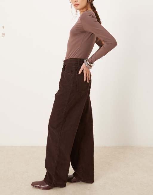 ASOS DESIGN corduroy wrap-over wide leg jeans in chocolate brown, 2 of 5