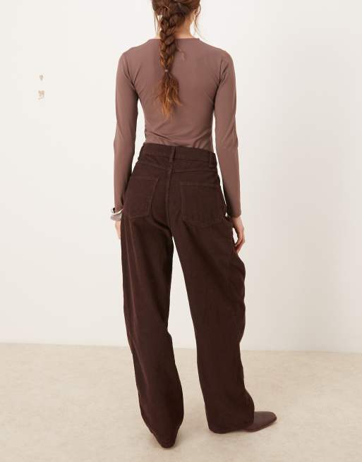 ASOS DESIGN corduroy wrap-over wide leg jeans in chocolate brown, 3 of 5