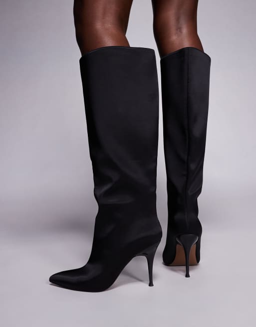 ASOS DESIGN Corinne stiletto heeled knee boots in black satin