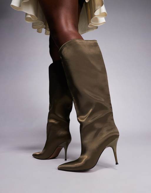 ASOS DESIGN Corinne stiletto heel knee boots in khaki satin