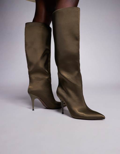 ASOS DESIGN Corinne stiletto heel knee boots in khaki satin