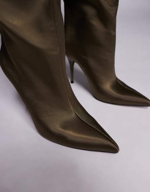 ASOS DESIGN Corinne stiletto heel knee boots in khaki satin