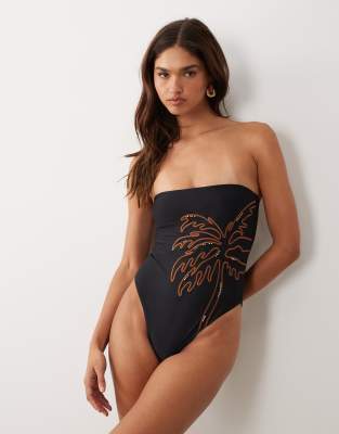 Asos Design Cornelia Bandeau Swimsuit With Embroidery Detail In Black