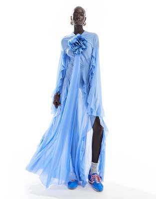 corsage cape maxi dress-Blue