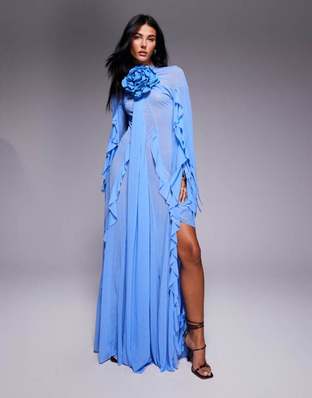 ASOS DESIGN corsage extreme ruffle maxi dress in blue