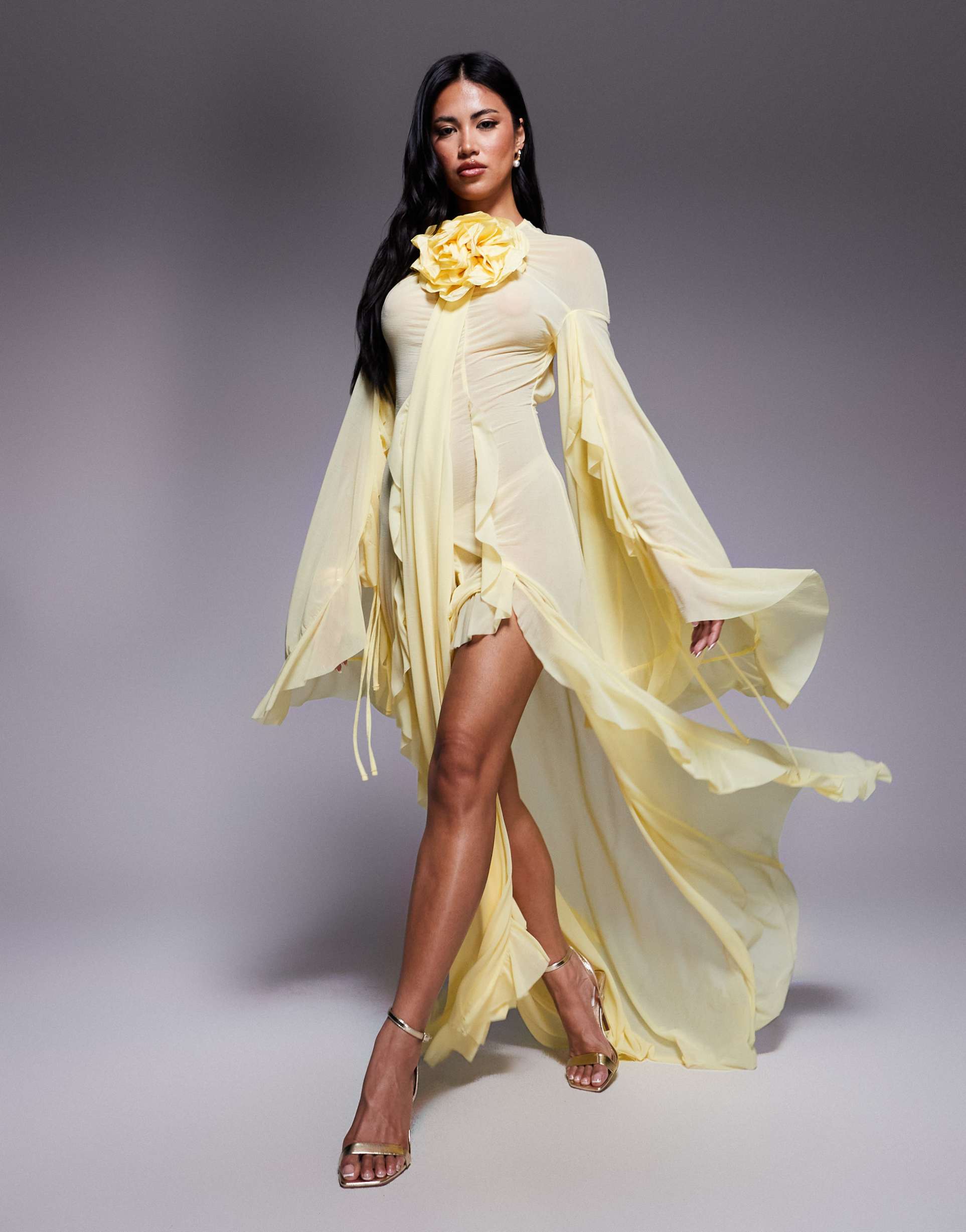 asos design corsage extreme ruffle maxi dress in butter yellow