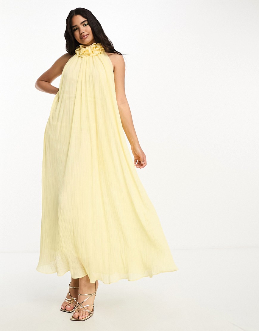 ASOS DESIGN corsage high neck plisse maxi dress with tie back detail in buttermilk-Yellow