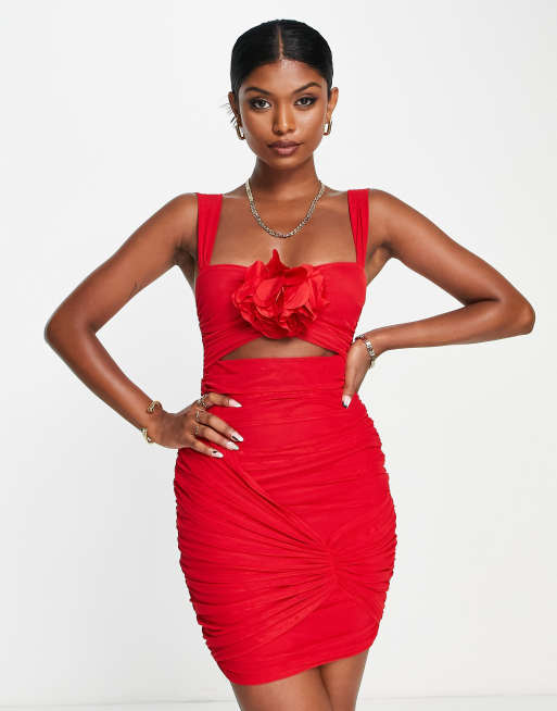 ASOS DESIGN corsage ruched mesh mini dress in fiery red