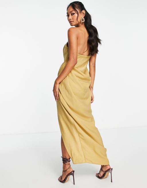 ASOS DESIGN corset bandeau midi dress in washed fabric with drape detail  skirt in gold