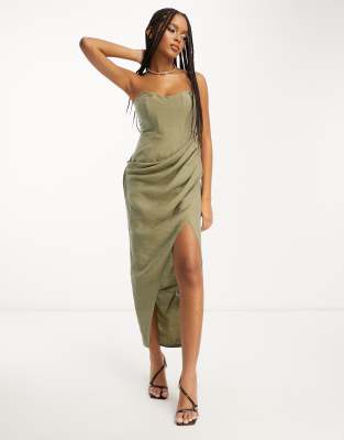 ASOS DESIGN corset bandeau midi dress in washed fabric with drape detail skirt in khaki