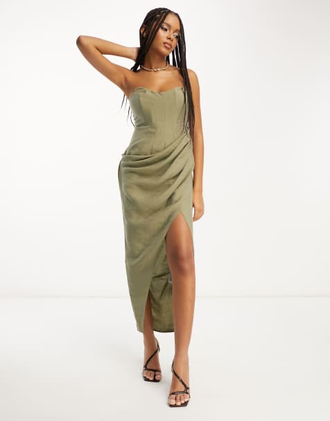 ASOS DESIGN corset bandeau midi dress in washed fabric with drape detail skirt in khaki - view 1