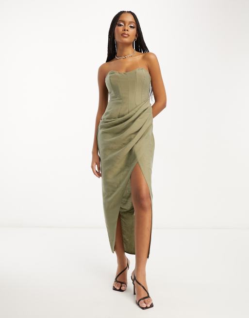 ASOS DESIGN corset bandeau midi dress in washed fabric with drape detail  skirt in khaki