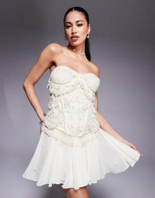 Asos Design Corset Bandeau Mini Dress With Pearl Beading In Yellow