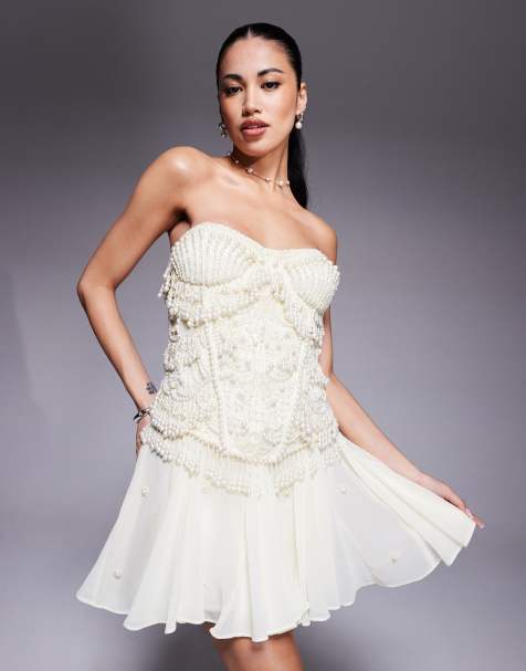 ASOS DESIGN corset bandeau mini dress with pearl beading in ivory - view 1