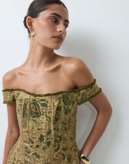 ASOS DESIGN corset bardot mini dress in green floral jacquard, 2 of 5