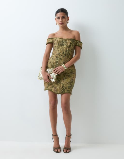 ASOS DESIGN corset bardot mini dress in green floral jacquard, 4 of 5