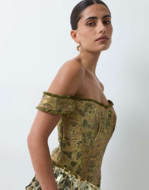 ASOS DESIGN corset bardot mini dress in green floral jacquard, 5 of 5