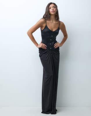ASOS DESIGN corset bodice maxi dress with pearl trims &amp; train detail in blac