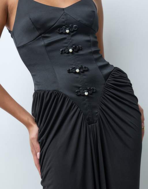 ASOS DESIGN corset bodice maxi dress with pearl trims & train detail in black, 4 of 5