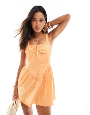 corset bodice mini sundress with lace trims in washed orange