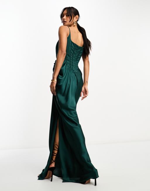 ASOS DESIGN corset boned satin cut out maxi dress with draped skirt in teal  blue