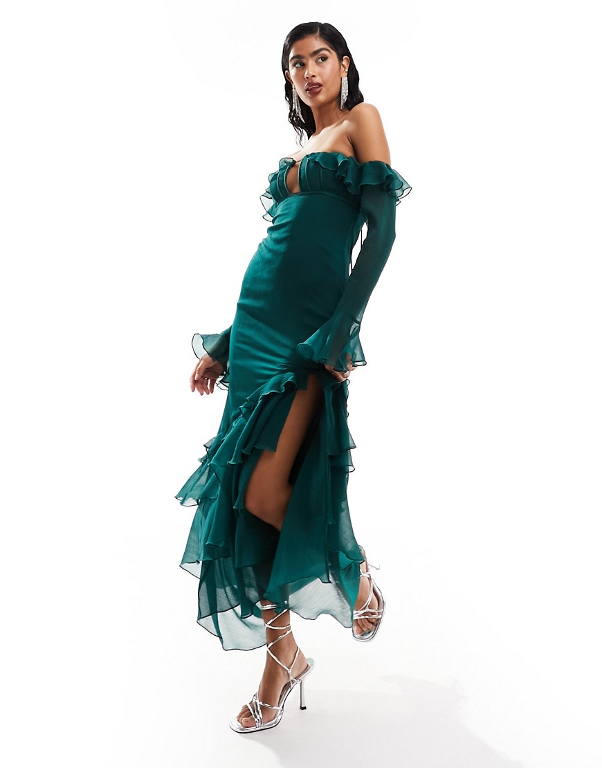 ASOS DESIGN corset bust bardot maxi dress with ruffle detail in dark green