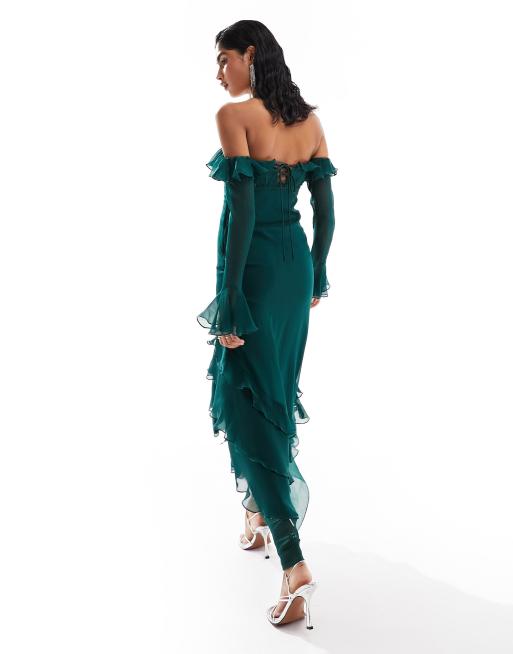 ASOS DESIGN corset bust bardot maxi dress with ruffle detail in dark green