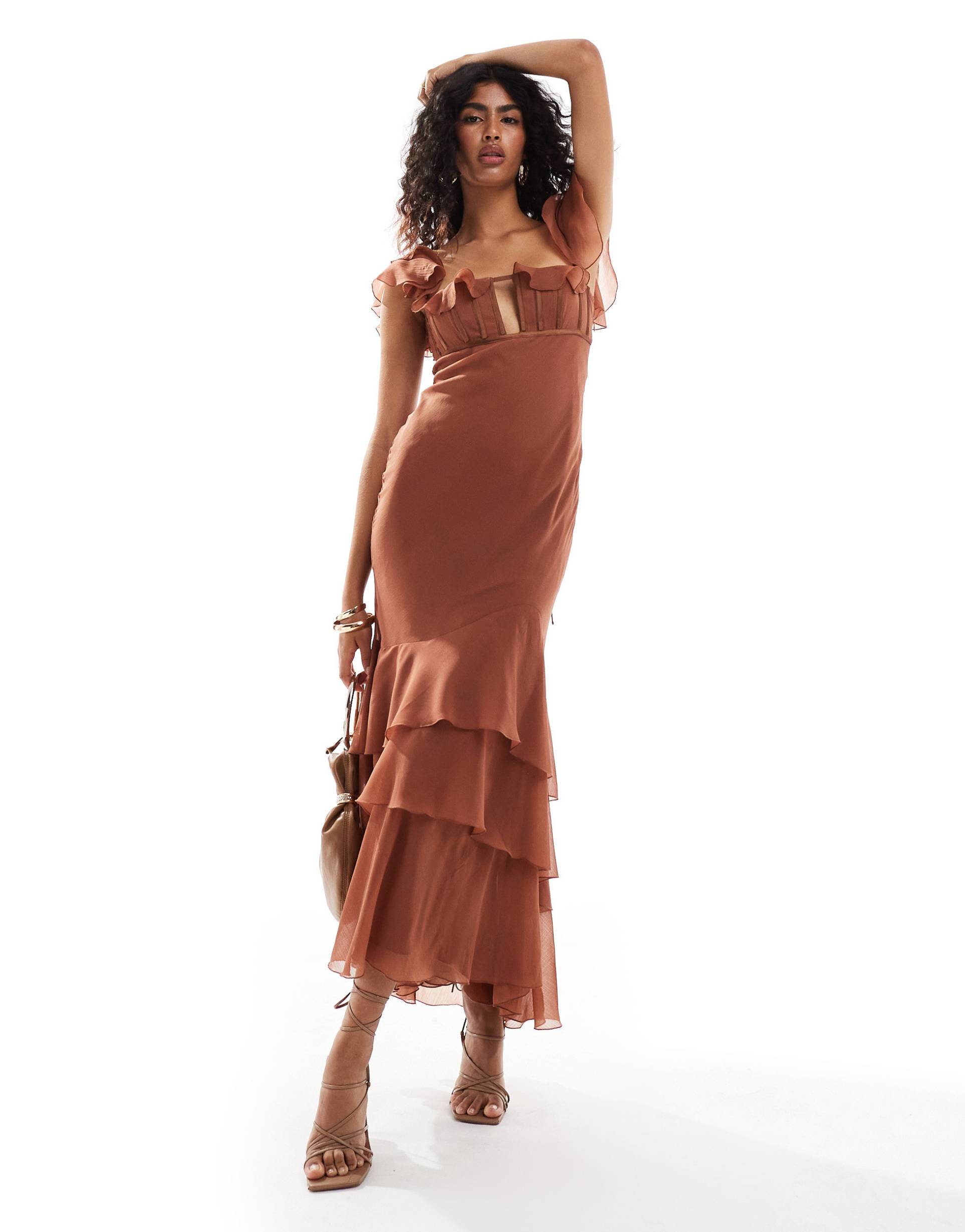 asos design corset bust cami maxi dress with ruffle detail in brown