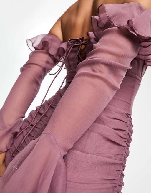 ASOS DESIGN corset bust detail bardot midi dress with ruched skirt in mauve