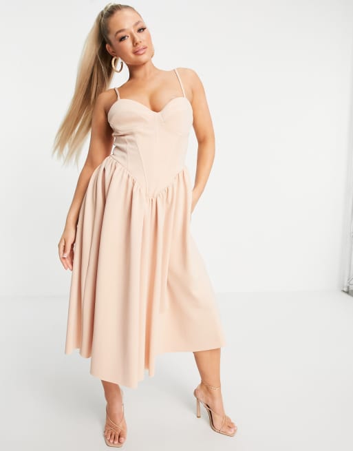 Asos Design Corset Cami Prom Midi Dress In Beige Asos 8508