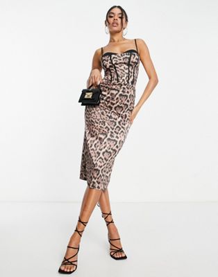 Asos Design Corset Cami Satin Midi Dress In Leopard Print-multi