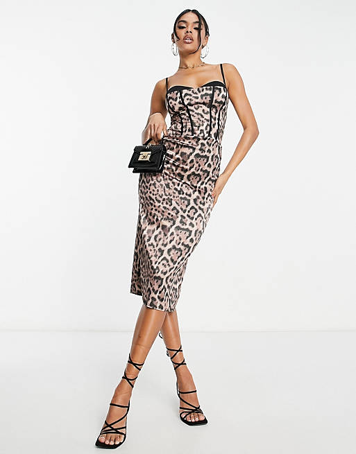 ASOS DESIGN corset cami satin midi dress in leopard print