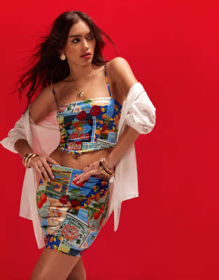 ASOS DESIGN corset cami top in postcard print (part of a set)