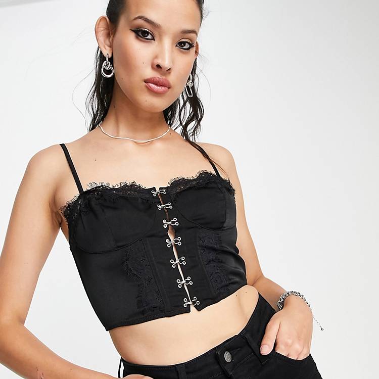ASOS DESIGN corset cami with lace insert & hook & eye fastening in black