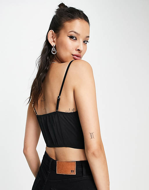 ASOS DESIGN corset cami with lace insert & hook & eye fastening in black