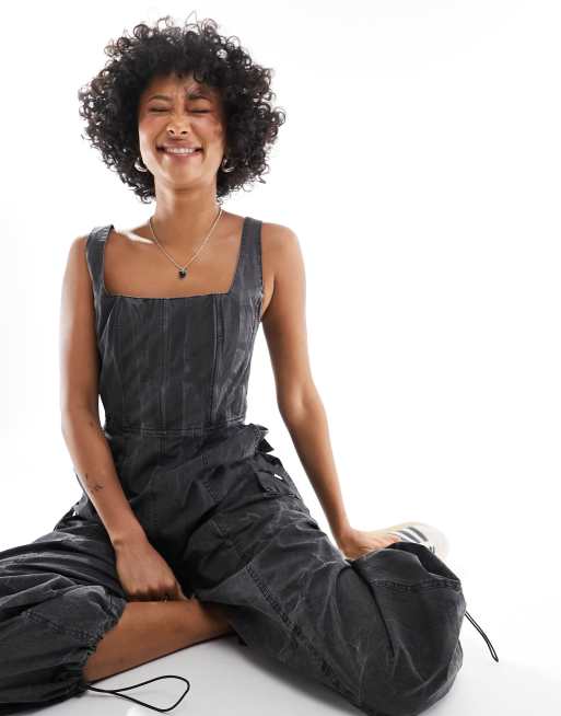 ASOS DESIGN corset cargo jumpsuit in washed charcoal