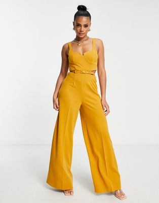 ASOS DESIGN tailored corset cut out jumpsuit with belt in mustard