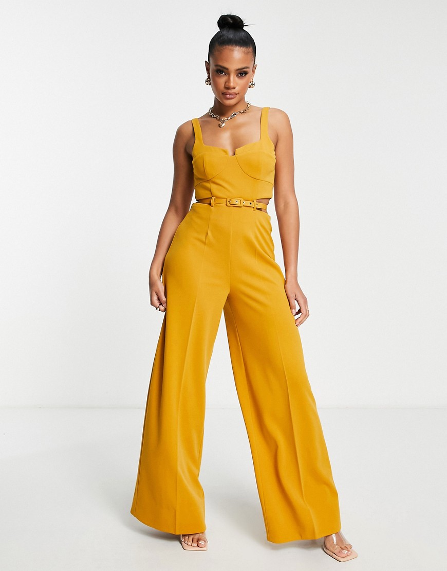 ASOS DESIGN corset cut out jumpsuit with belt in mustard-Yellow