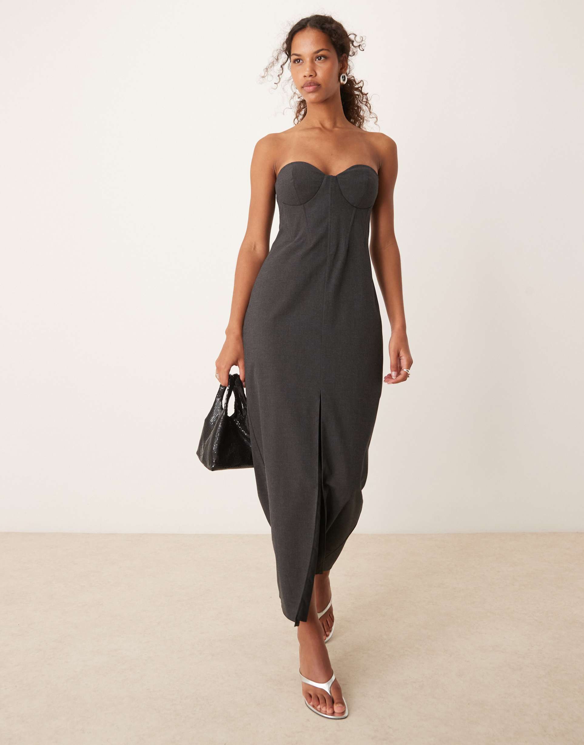 asos design corset detail bandeau midaxi dress with front slit in charcoal gray