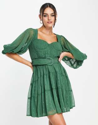 Asos Design Corset Detail Belted Mini Dress With Blouson Sleeve In Green