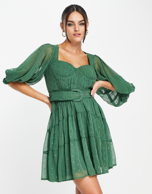 ASOS DESIGN corset detail belted mini dress with blouson sleeve in green