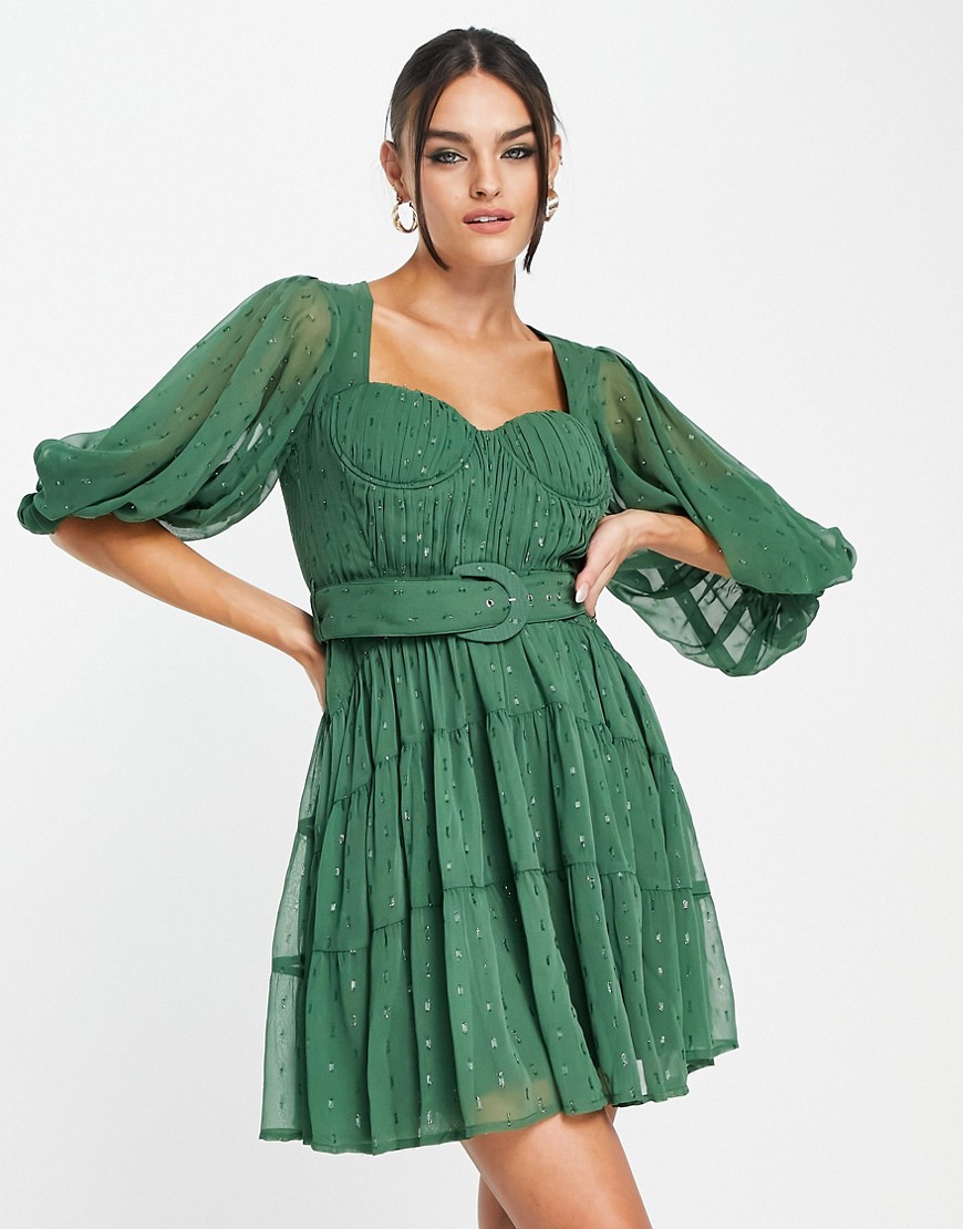 ASOS DESIGN corset detail belted mini dress with blouson sleeve with belt in green