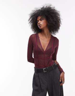 ASOS DESIGN corset detail body suit in burgundy-Red φωτογραφία