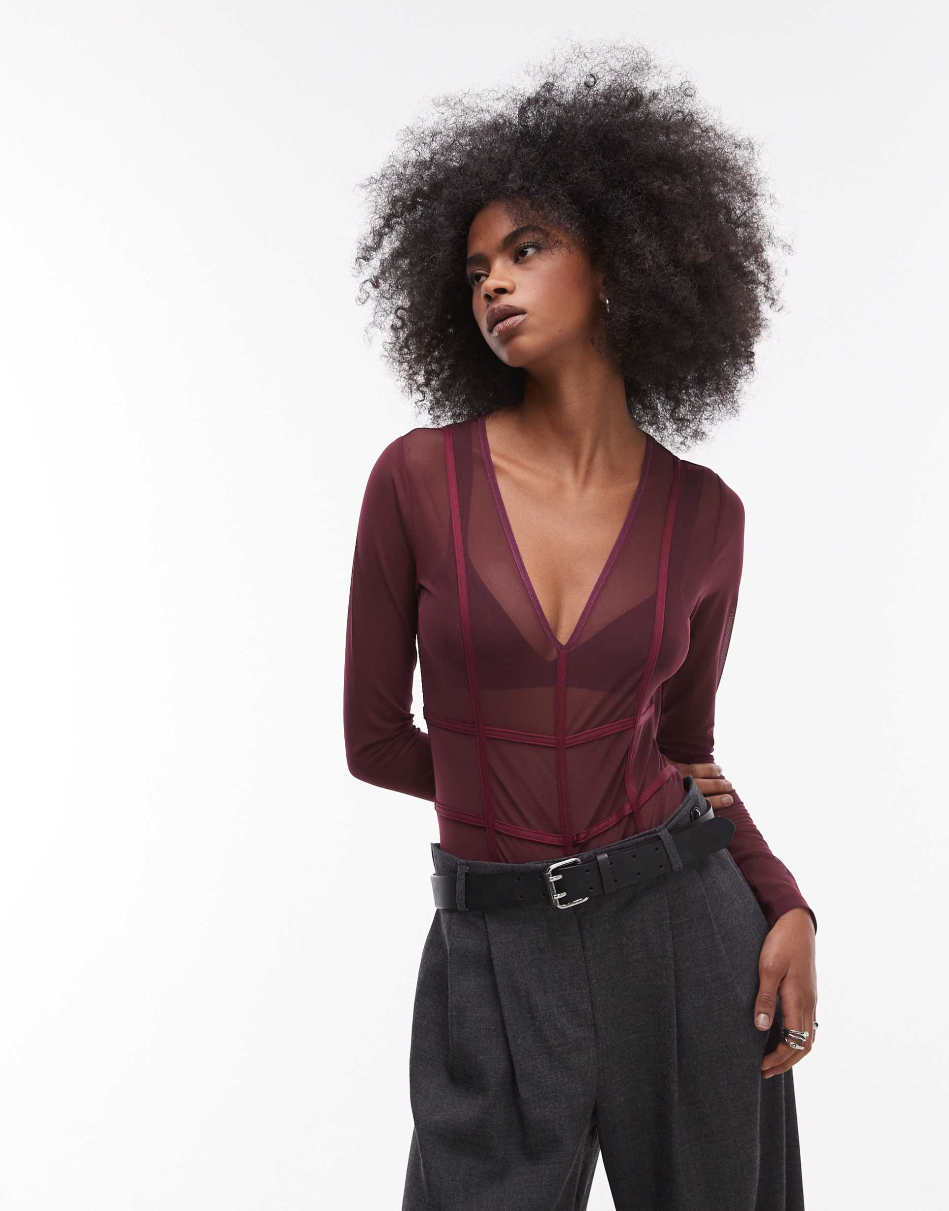 asos design corset detail bodysuit in burgundy