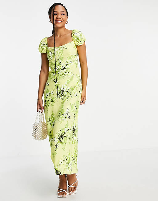 ASOS DESIGN corset detail cap sleeve midi dress with slit in zesty floral  print | ASOS
