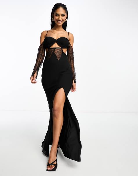 ASOS DESIGN corset detail cold shoulder maxi dress with lace inserts in black